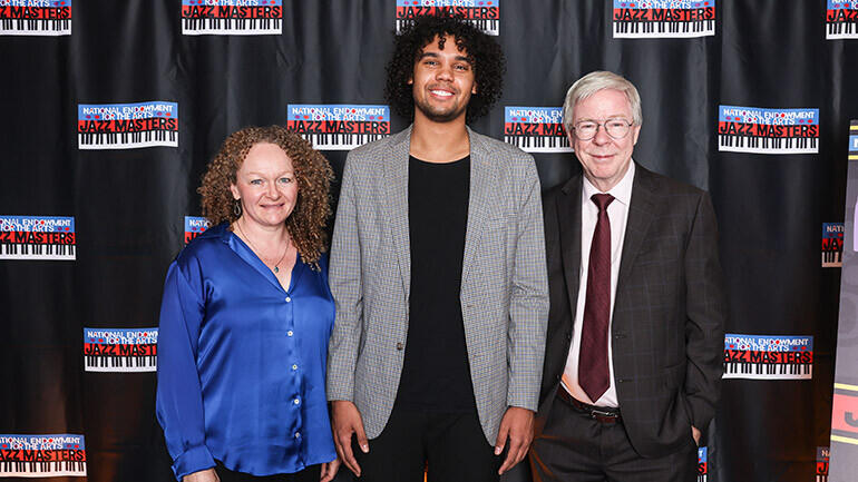 Anton Kot Receives Future Jazz Master Award - left to right: BMI Foundation President Deirdre Chadwick, 2025 BMI Future Jazz Masters Award Winner Anton Kot, BMI Senior Director of Musical Theatre &amp; Jazz Patrick Cook : Jati Lindsay (Courtesy of National End